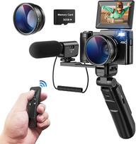 CCN skaitmeninis fotoaparatas 4K, 48 MP fotokamera su 180° apverčiamu 3,0 colių ekranu, 16 kartų skaitmeninio priartinimo kompaktiškas fotoaparatas su trikoju ir mikrofonu, plačiakampiu objektyvu ir makroobjektyvu, nuotolinio valdymo pultu, 32GB TF korte