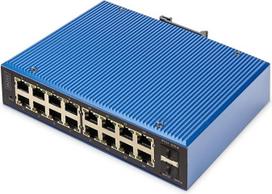 DIGITUS tinklo komutatorius - 18 prievadų "Gigabit Ethernet" - 16x RJ45 + 2x SFP - IP40 - L2 valdomas - 10/100/1000Mbit/s - montuojamas ant DIN bėgio - pramoninės serijos - juodas/mėlynas