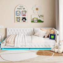 Lova 140*200cm, su LED apšvietimu ir USB jungtimi, smėlio spalvos, meškiuko aksomas