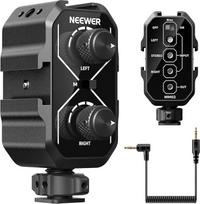 NEEWER MM02 dviejų kanalų mikrofono garso maišytuvo adapteris su 3,5 mm TRS kabeliu, stereofoniniu ir monofoniniu jungikliu, "Cold Shoe" laikikliais, skirtas DSLR fotoaparatams, išmaniesiems telefonams, belaidžio mikrofono imtuvui, vaizdo įrašymui