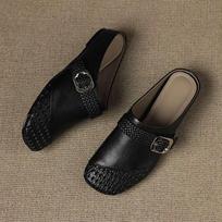 Soft leather version~ woven hollow bag head half slippers women wear Muller shoes outside in summer, lazy cool slippers women 35 juoda