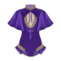 Moteriškas „Cosplay“ kostiumų komplektas, blizgus atlasinis apsiaustas su rankovėmis, aukštai iškirptas triko, Helovino vakarėlio vaidmenų žaidimo apranga 3XL violetinė
