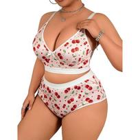 European and American Cherry Floral Sexy Lingerie Women's Thin Bra Top Push-up Pure Desire Style Large Size Bra and Panty Set XL beige
