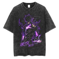 Anime Solo Leveling Sung Jin Woo washed T-shirt Men Casual 100% Cotton T-shirt Vintage Manga Harajuku T-shirt S