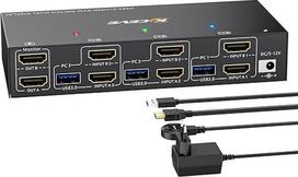 USB 3.0 HDMI KVM jungiklis 3 kompiuteriams 2 monitoriams 4K @ 60Hz, 2K @ 144Hz Išplėstinis ekranas, EDID modeliavimas, ESKEVE HDMI 2.0 KVM jungikliai su 4 USB 3.0 prievadais 3 kompiuteriams su dviem monitoriais ir 4 USB įrenginiais