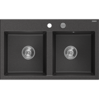 Mexen Hektor granitinė virtuvinė kriauklė 2-jų kamerų 800 x 480 mm, juoda su dėmelėmis, chromuotas sifonas - 6521802000-76