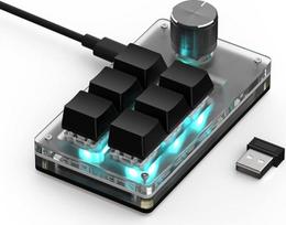 BRIMFORD mechaninė makro klaviatūra, belaidė programuojama 2.4G pritaikyta žaidimų klaviatūra su "Hot-Swap" palaikymu, su RGB apšvietimo doku, su 2.4G imtuvu (juoda, 6 mygtukai/1 mygtukas)
