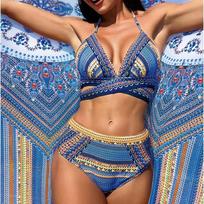 Vintažinis Nacionalinis Bikini Maudymosi Kostiumas Su Tinkleliu Užmetama Suknele Kryžiuojamas Priekyje Kaklą Laikantis Bikini 3 Dalių Rinkinys Mėlynas/Žalias/Raudonas Aukšto Juosmens Paplūdimio Apranga S
