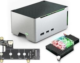 "ElectroCookie" "Raspberry Pi 5" korpusas, kompaktiškas aliuminio korpusas su M.2 NVMe SSD PCIe HAT ir aktyvaus RGB apšvietimo aušintuvu (juodas korpusas + M.2-HAT[X1001])