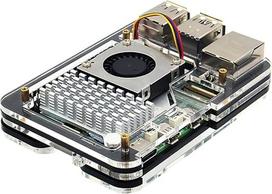 "Yahboom" akrilinis "Raspberry Pi 5" korpusas su aliumininiu radiatoriumi ir ventiliatoriumi su reguliuojama temperatūra