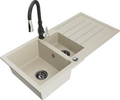 Granitinė virtuvinė plautuvė Mexen Andres su maišytuvu ir sifonu, Beige+Black