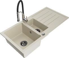 Granitinė virtuvinė plautuvė Mexen Andres su maišytuvu ir sifonu, Beige+Black/Chrome