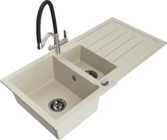 Granitinė virtuvinė plautuvė Mexen Andres su maišytuvu ir sifonu, Beige+Black/Chrome