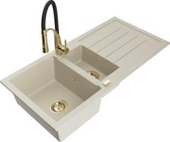 Granitinė virtuvinė plautuvė Mexen Andres su maišytuvu ir sifonu, Beige+Black/Gold