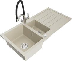 Granitinė virtuvinė plautuvė Mexen Andres su maišytuvu ir sifonu, Beige+Black/Chrome
