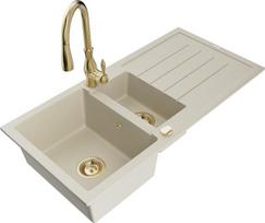 Granitinė virtuvinė plautuvė Mexen Andres su maišytuvu ir sifonu, Beige+Gold