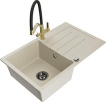 Granitinė virtuvinė plautuvė Mexen Bruno su maišytuvu ir sifonu, Beige+Black/Gold
