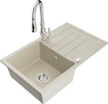 Granitinė virtuvinė plautuvė Mexen Bruno su maišytuvu ir sifonu, Beige+Chrome