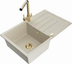 Granitinė virtuvinė plautuvė Mexen Bruno su maišytuvu ir sifonu, Beige+Gold