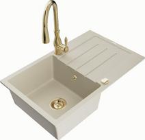 Granitinė virtuvinė plautuvė Mexen Bruno su maišytuvu ir sifonu, Beige+Gold