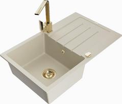 Granitinė virtuvinė plautuvė Mexen Bruno su maišytuvu ir sifonu, Beige+Gold