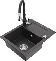 Granitinė virtuvinė plautuvė Mexen Enzo su maišytuvu ir sifonu, Black granite+Black