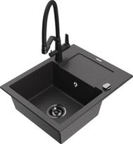 Granitinė virtuvinė plautuvė Mexen Enzo su maišytuvu ir sifonu, Black granite+Black