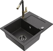 Granitinė virtuvinė plautuvė Mexen Enzo su maišytuvu ir sifonu, Black granite+Black granite/Gold