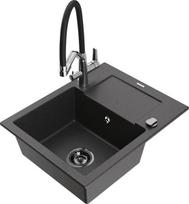Granitinė virtuvinė plautuvė Mexen Enzo su maišytuvu ir sifonu, Black granite+Black/Chrome