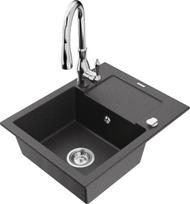 Granitinė virtuvinė plautuvė Mexen Enzo su maišytuvu ir sifonu, Black granite+Chrome
