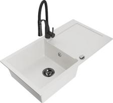 Granitinė virtuvinė plautuvė Mexen Leo su maišytuvu ir sifonu, White+Black