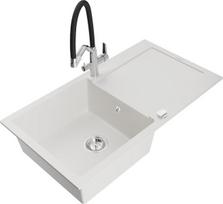 Granitinė virtuvinė plautuvė Mexen Leo su maišytuvu ir sifonu, White+Black/Chrome