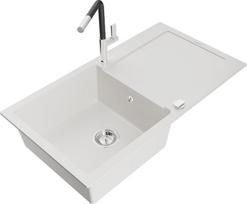 Granitinė virtuvinė plautuvė Mexen Leo su maišytuvu ir sifonu, White+Black/Chrome