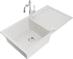 Granitinė virtuvinė plautuvė Mexen Leo su maišytuvu ir sifonu, White+Chrome