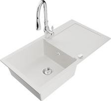 Granitinė virtuvinė plautuvė Mexen Leo su maišytuvu ir sifonu, White+Chrome