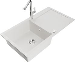 Granitinė virtuvinė plautuvė Mexen Leo su maišytuvu ir sifonu, White+Chrome