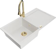 Granitinė virtuvinė plautuvė Mexen Leo su maišytuvu ir sifonu, White+Gold