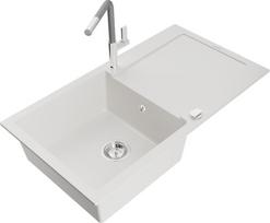 Granitinė virtuvinė plautuvė Mexen Leo su maišytuvu ir sifonu, White+Grey/Chrome