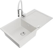 Granitinė virtuvinė plautuvė Mexen Leo su maišytuvu ir sifonu, White+White/Chrome