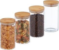 "Relaxdays" stiklainiai su bambukiniais dangteliais, 4 vnt., stikliniai stiklainiai, 1000 ml, sandarūs, stikliniai indai, skaidrūs/natūralūs