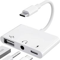 3 in 1 adapteris iš USB C į 3 5 lizdų ausines su įkrovikliu OTG USB adapteris, C tipo į Aux garso ausinės iPhone 15/16, Samsung Galaxy S24/S23/S22/S21 i-Pad Pro Air Pixel 6/5/4 (baltas)