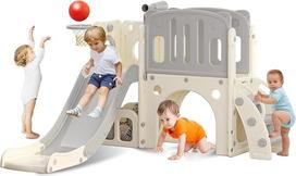 hoopyosms Vaikų čiuožykla su laipiojimo rėmu, krepšinio lanku ir tuneliu, uždaras plastikinių čiuožyklų rinkinys vaikams, Montessori žaislas žaidimų aikštelei, pilkas