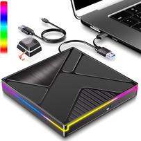 JBonest RGB išorinis CD DVD diskas USB 3.0 C tipo, išorinis nešiojamasis CD/DVD +/- RW įrašymo įrenginys, CD grotuvas rašytuvas, greitas duomenų perdavimas nešiojamiesiems kompiuteriams, staliniams kompiuteriams, MacBook, Win11/10/8/7/XP, Linux, Mac OS, V