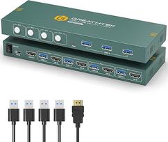 KVM jungiklis HDMI 4 prievadai 4K @ 60Hz, palaiko EDID, USB 3.0 KVM jungiklis Hdmi, HDMI2.0, HDCP2.2, KVM jungiklis 4 kompiuteriams 1 monitorius, 4 prievadų skirstomasis klaviatūros ir pelės monitorius su 1 HDMI kabeliu ir 4 USB 3.0 kabeliais