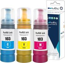 LCL 103 rašalo buteliukas, suderinamas su "Epson EcoTank" L1110 L1210 L1250 L3100 L3101 L3110 L3111 L3150 L3151 L3156 L3160 L3210 L3211 L3213250 L3251 L3256 L3260 L3266 L3550 (3 pakuotės, žydra, geltona, purpurinė)