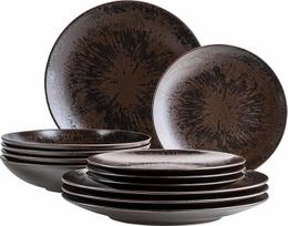 MÄSER Metallic Bronze, 12 dalių pietų servizas 4 asmenims su elegantiška blizgančia glazūra, lėkščių rinkinys su pietų lėkšte, sriubos lėkšte ir deserto lėkšte, pagamintas iš aukštos kokybės keramikos, akmens masės, rudos spalvos