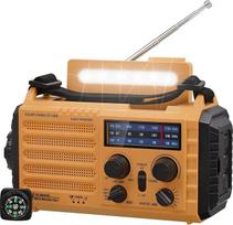 Nešiojamas saulės radijas, avarinis radijas su rankenėle, "Dynamo Weather" AM/FM/SW radijas, 5000 mAh įkraunamas "Powerbank", USB telefono įkroviklis, LED žibintuvėlis ir skaitymo šviesa, SOS signalas, kompasas, skirtas stovyklauti lauke