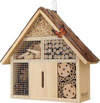 WILDLIFE FRIEND Vabzdžių viešbutis su korių stogeliu - 28 x 29,5 x 9 cm oro sąlygoms atsparus bičių viešbutis su bambuko vamzdeliais ir lizdavietėmis - drugelių namelis sode ir balkone - mažas
