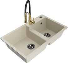 Granitinė virtuvinė plautuvė Mexen Tomas su maišytuvu ir sifonu, Beige+Black/Gold
