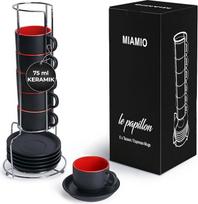 "MIAMIO" - 6 x 75 ml espreso puodelių rinkinys su padėkliuku ir stovu - 6 keraminių kavos puodelių rinkinys - "Le Papillon" kolekcija (raudona)